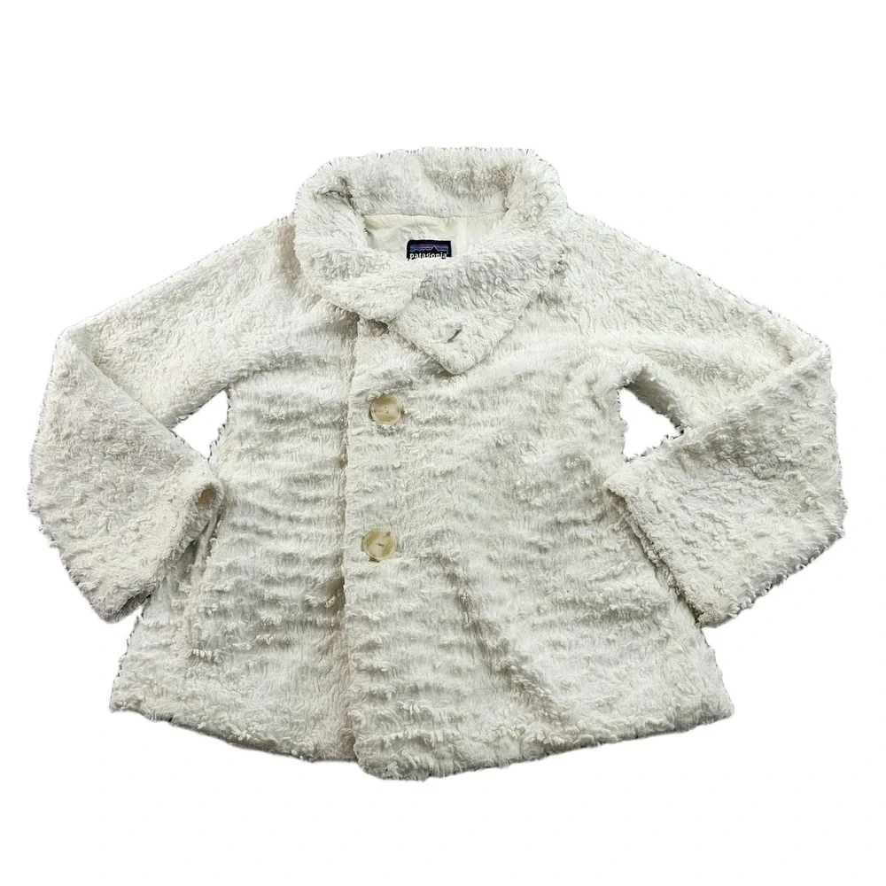 Patagonia Fleece Jacket Girls M/10 White Long Sleeve Mock Neck Button Front - Picture 1 of 10